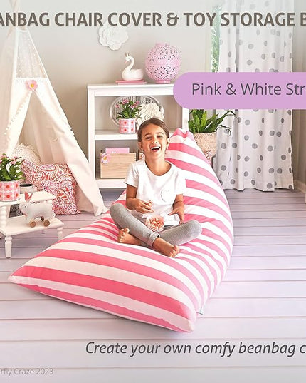 Butterfly Craze Bean Bag Chair Cover, Functional Toddler Toy Organizer, Fill with Stuffed Animals to Create a Jumbo, Comfy Floor Lounger for Boys or Girls, Stuffing Not Included, Light Pink Stripes - LeafyLoom