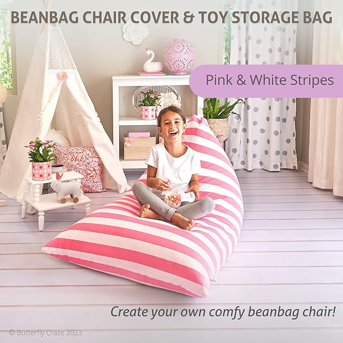 Butterfly Craze Bean Bag Chair Cover, Functional Toddler Toy Organizer, Fill with Stuffed Animals to Create a Jumbo, Comfy Floor Lounger for Boys or Girls, Stuffing Not Included, Light Pink Stripes - LeafyLoom