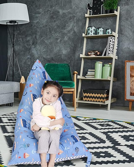 Stuffed Animal Storage Bean Bag Chair Cover, Cotton Blue Marine Life Plush Toy Storage Stuff and Sit Seat for Kids/Teens/Adults,52" x 31" Extra Large Triangle Floor Sofa, 200L/52Gal,Cover Only - LeafyLoom