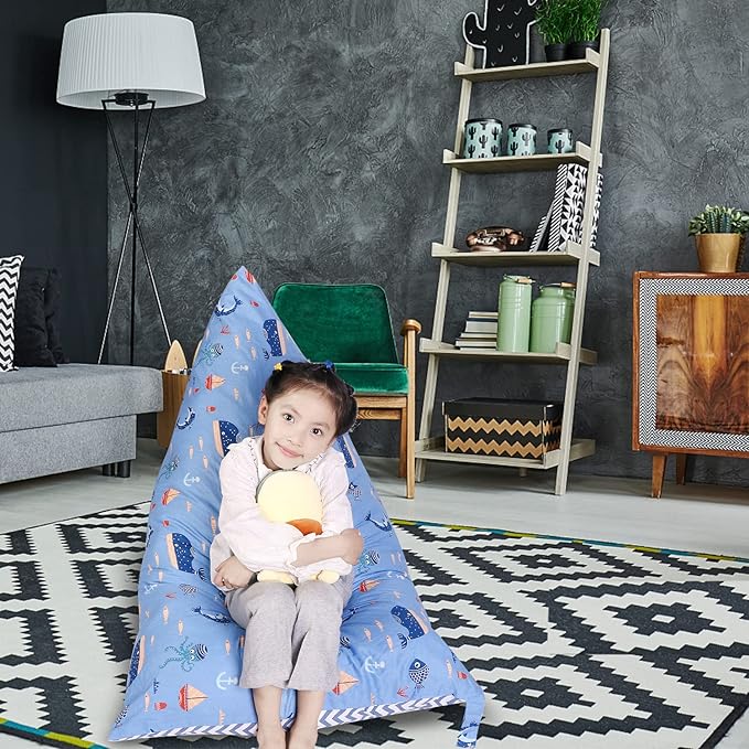 Stuffed Animal Storage Bean Bag Chair Cover, Cotton Blue Marine Life Plush Toy Storage Stuff and Sit Seat for Kids/Teens/Adults,52" x 31" Extra Large Triangle Floor Sofa, 200L/52Gal,Cover Only - LeafyLoom