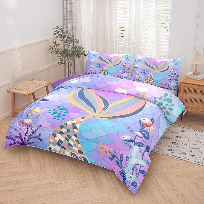 NINENINE Mermaid Tail Bedding Sets,Teal Purple Mermaid Comforter Set for Kids,Full Size Comforter Sets for Girls,Colorful Glitter Bedding Set with 1 Comforter 2Pillowcases… - LeafyLoom