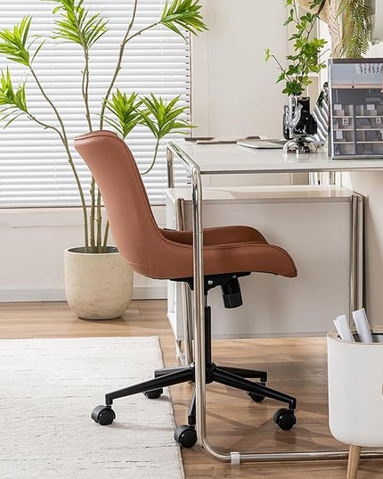 YOUNIKE Office Chair, Armless Desk Chair with Wheels, Home Office Computer Task Chairs, Modern Faux Leather Upholstered Vanity Chair, Adjustable Swivel Rocking Office Chair with Back, Pink - LeafyLoom