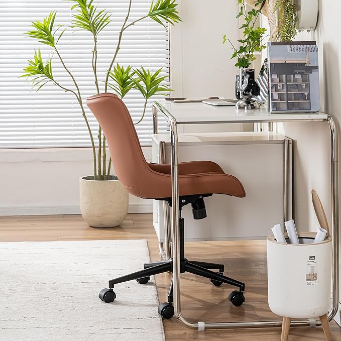 YOUNIKE Office Chair, Armless Desk Chair with Wheels, Home Office Computer Task Chairs, Modern Faux Leather Upholstered Vanity Chair, Adjustable Swivel Rocking Office Chair with Back, Pink - LeafyLoom
