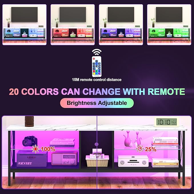 Clikuutory 63 Inch Marble Texture TV Stand with LED Lights for 40 50 55 60 65 70 Inch TVs, 3Tier Modern Metal Television Stands with Entertainment Center and Storage for Living Room, Bedroom, White - LeafyLoom