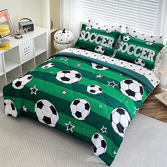 7 Piece Boys Soccer Comforter Set Twin Size Bed in A Bag 3D Football Playground Sports Bedding Set for Kids Microfiber Comforter All Season Green - LeafyLoom