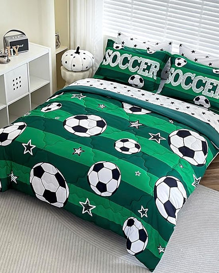 7 Piece Boys Soccer Comforter Set Queen Size Bed in A Bag 3D Football Playground Sports Bedding Set for Kids Microfiber Comforter All Season Green - LeafyLoom