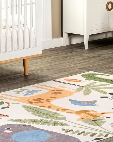nuLOOM Felipa Safari Machine Washable Kids Ultra Thin Area Rug, 4x6, White Multi - LeafyLoom