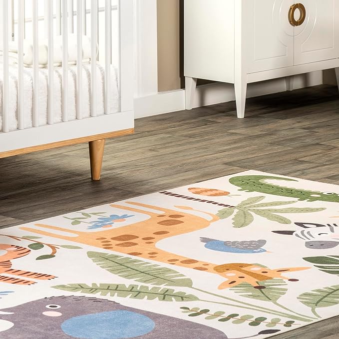 nuLOOM Felipa Safari Machine Washable Kids Ultra Thin Area Rug, 4x6, White Multi - LeafyLoom