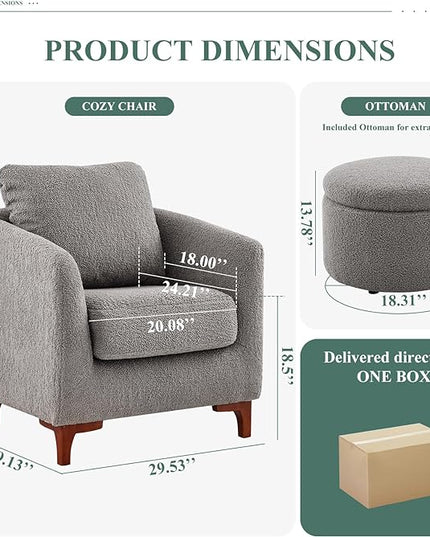 COLAMY Sherpa Accent Chairs with Storage Ottoman Set of 2, Upholstered Barrel Arm Chair with Footrest, Modern Living Room Chair with Back Pillow, Grey - LeafyLoom