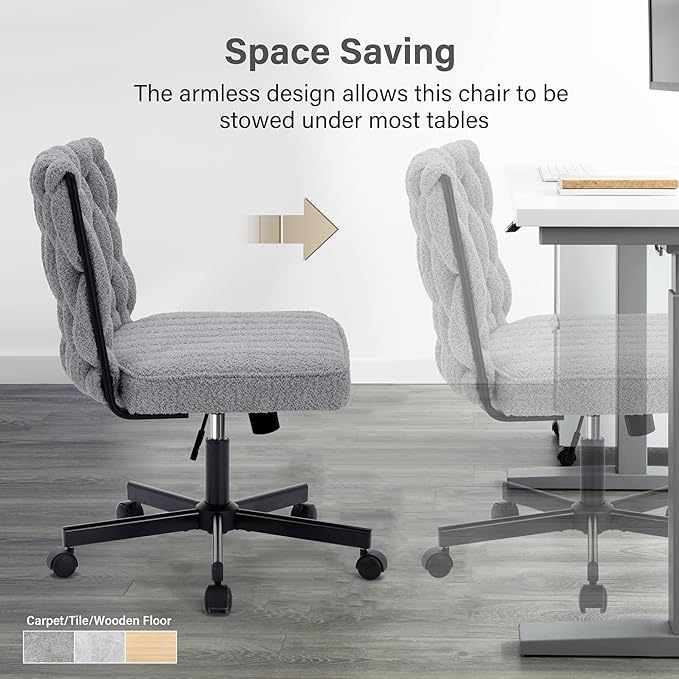 Criss Cross Legged Office Desk Chair with Wheels, Modern Armless Desk Chair with Wide Seat, Home Office Chair for Work, Meditation, Vanity, Grey - LeafyLoom