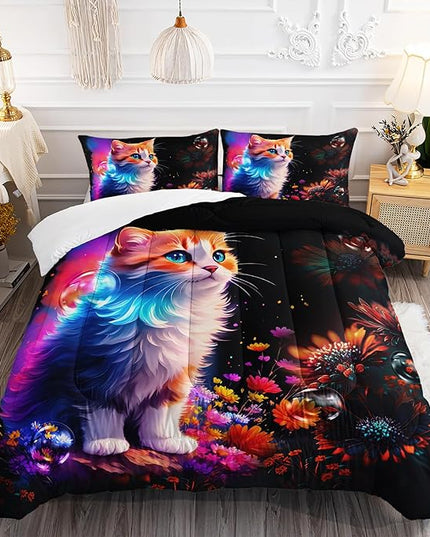 Cartoon Kawaii Cat Comforter Set Full Size 3D Animals Flower Toddler Bedding Set Cat Lovers Animal Bubble Design Quilt Bed Set for Girls Kids Teens - LeafyLoom