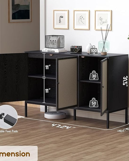 Sideboard Buffet Cabinet with Handmade Natural Decorated Doors, Accent Rattan Cabinet, Table, Metal Legs for Living Room, Hallway, Entryway, Black 3 doors - LeafyLoom