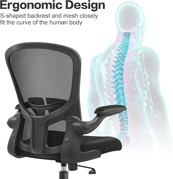 FelixKing Office Desk Chairs, Ergonomic PC Desk Chair with Wheels, Adjustable Lumbar Support and Height, Swivel Computer Chair with Flip-up Armrests, Ergo Mesh Backrest for Working (Black) - LeafyLoom