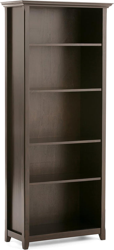 SIMPLIHOME Amherst SOLID WOOD 30 Inch Transitional 5 Shelf Bookcase in Hickory Brown, For the Living Room, Study Room and Office - LeafyLoom