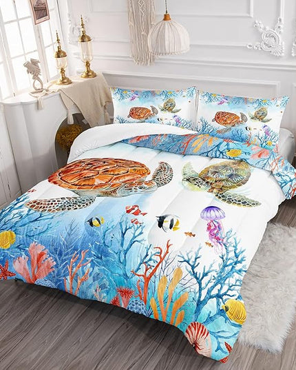 CVHOUSE Sea Turtle Comforter Set,Ocean Watercolor Sea Turtle Bedding Set for Kids Teens,Ocean Sea Turtle Comforter Sea Turtle Duvet Set Room Decor Quilt Set Full Size - LeafyLoom