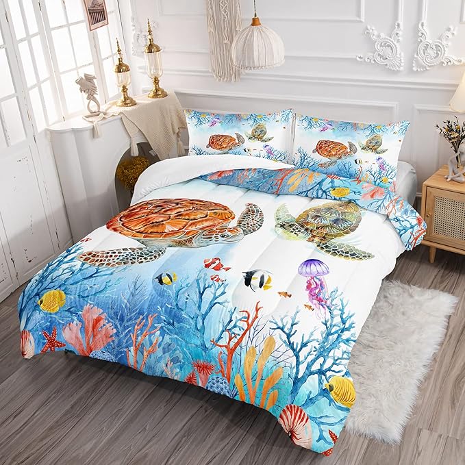 CVHOUSE Sea Turtle Comforter Set,Ocean Watercolor Sea Turtle Bedding Set for Kids Teens,Ocean Sea Turtle Comforter Sea Turtle Duvet Set Room Decor Quilt Set Full Size - LeafyLoom