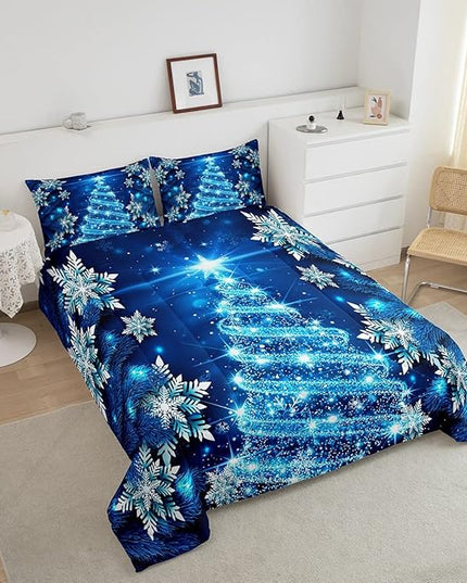 Feelyou Girls Christmas Tree Comforter Set Blue Xmas Theme Comforter Full Chic Winter Snowflake Bedding Set for Girls Daughter Bedroom Decor Soft Girly Glitter Quilted Duvet Winter Warm Bedding - LeafyLoom