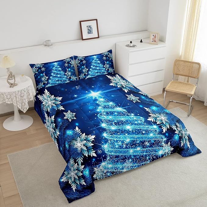 Feelyou Girls Christmas Tree Comforter Set Blue Xmas Theme Comforter Full Chic Winter Snowflake Bedding Set for Girls Daughter Bedroom Decor Soft Girly Glitter Quilted Duvet Winter Warm Bedding - LeafyLoom