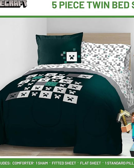 Minecraft Creeper Twin Comforter Set - 5 Piece Gamer Bedding includes Sheet Set & Pillow Covers - Super Soft Checkered Kids Bedding - LeafyLoom