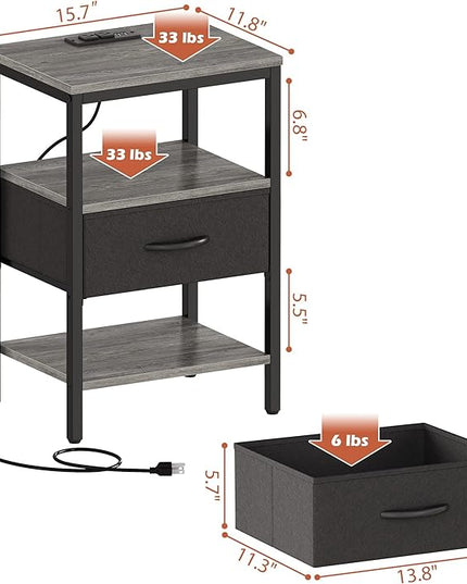 SUPERJARE Nightstand Set of 2, Bed Side Tables with Charging Station, Adjustable Fabric Drawer, Night Stand for Bedroom, 3-Tier Storage End Tables, for Living Room - Charcoal Gray - LeafyLoom