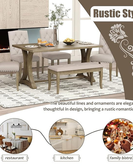 Retro Rustic Table, 6 Piece Farmhouse, Rectangular TrestleTable and Bench&4 Upholstered Chairs, Wooden Kitchen Furniture Set for Dining Room, Wood - LeafyLoom