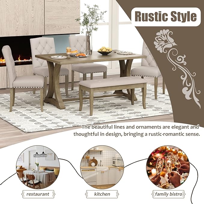 Retro Rustic Table, 6 Piece Farmhouse, Rectangular TrestleTable and Bench&4 Upholstered Chairs, Wooden Kitchen Furniture Set for Dining Room, Wood - LeafyLoom