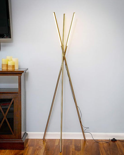 Brightech Stix Floor Lamp, Tall Tree Lamp for Offices, LED Tripod Lamp for Living Rooms, Great Living Room Décor, Dimmable Standing Lamp With 3 Lights for Bedroom Reading - Gold/Brass - LeafyLoom