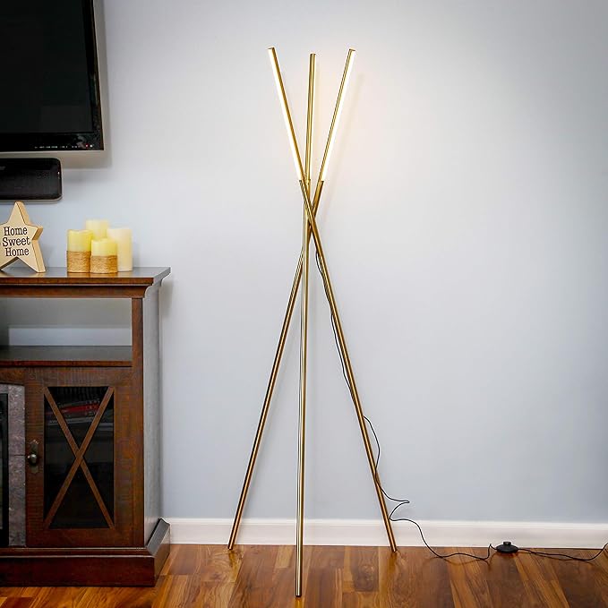 Brightech Stix Floor Lamp, Tall Tree Lamp for Offices, LED Tripod Lamp for Living Rooms, Great Living Room Décor, Dimmable Standing Lamp With 3 Lights for Bedroom Reading - Gold/Brass - LeafyLoom