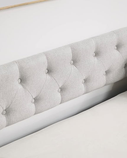 Twin Size Upholstered Daybed with Twin Size Trundle, Tufted Twin Day Bed w/Button Back and Waved Shape Copper Nail Arms, No Spring Box Needed, Easy Assemble, for Living Room - LeafyLoom
