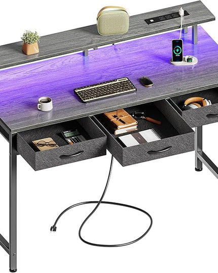47 inch Computer Desk with 3 Drawers, Office Desk Gaming Desk with LED Lights & Power Outlets, Home Office Desks with Storage Space for Bedroom, Work from Home, Gray - LeafyLoom