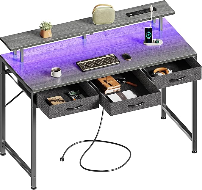 47 inch Computer Desk with 3 Drawers, Office Desk Gaming Desk with LED Lights & Power Outlets, Home Office Desks with Storage Space for Bedroom, Work from Home, Gray - LeafyLoom