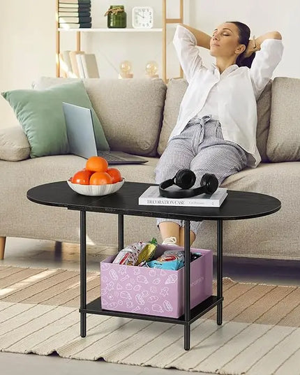 ETELI Black Coffee Tables for Living Room 2-Tier Small Oval Coffee Table Wood Accent Coffe Tables with Storage Shelf Modern Mesa De Centro Sala for Small Space, Home Office - LeafyLoom