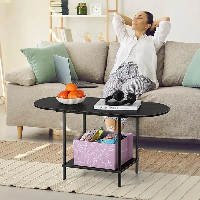 ETELI Black Coffee Tables for Living Room 2-Tier Small Oval Coffee Table Wood Accent Coffe Tables with Storage Shelf Modern Mesa De Centro Sala for Small Space, Home Office - LeafyLoom
