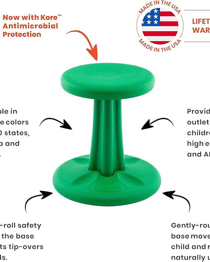 Kore Kids Pre-Teen Wobble Chair - Flexible Seating Stool for Classroom, Home & School, ADD/ADHD - Made in The USA - Age 10-11, Grade 5-6, Green (18.7in) - LeafyLoom