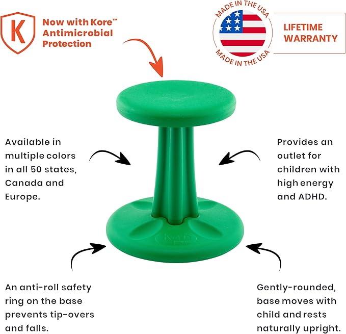 Kore Kids Pre-Teen Wobble Chair - Flexible Seating Stool for Classroom, Home & School, ADD/ADHD - Made in The USA - Age 10-11, Grade 5-6, Green (18.7in) - LeafyLoom