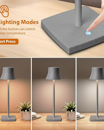 Cordless Table Lamp, Rechargeable Battery 5000mAh Metal Aluminum Housing USB LED Portable Powered Desk Lamp, 2 Levels Brightness Night Light for Restaurants Bedroom Outdoor (ferrous gray) - LeafyLoom