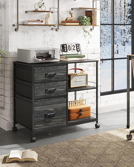 DEVAISE 3 Drawer Mobile File Cabinet, Rolling Printer Stand with Open Storage Shelf, Fabric Lateral Filing Cabinet fits A4 or Letter Size for Home Office, Charcoal Black Wood Grain Print - LeafyLoom