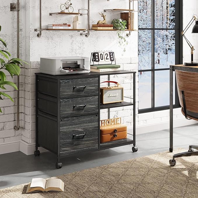 DEVAISE 3 Drawer Mobile File Cabinet, Rolling Printer Stand with Open Storage Shelf, Fabric Lateral Filing Cabinet fits A4 or Letter Size for Home Office, Charcoal Black Wood Grain Print - LeafyLoom