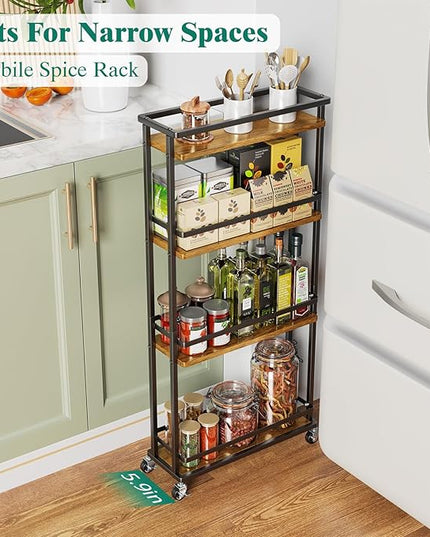 Slim Storage Cart 4 Tier Narrow Kitchen Rolling Cart on Wheels for Small Space, Mobile Spice Rack Seasoning Organizer Utility Serving Cart for Kitchen Bathroom Laundry, Brown - LeafyLoom
