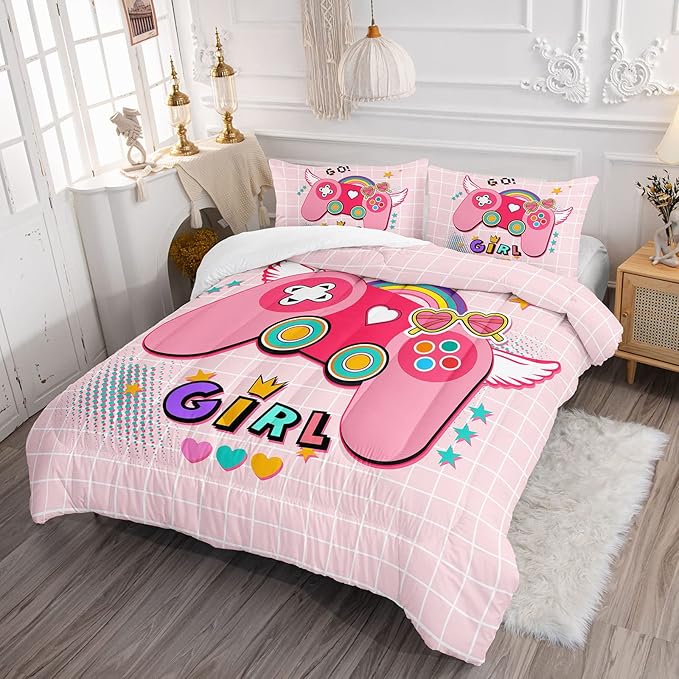 Datura home Bedding Comforter Set Pink Gamepad Printed Pattern Quilt with 1 and 2 Pillowcases for Girls Bedroom All Season(Pink Twin) Twin 68x86inches - LeafyLoom