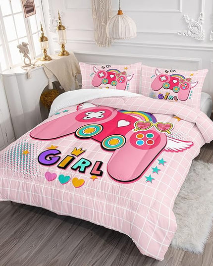 Datura home Bedding Comforter Set Pink Gamepad Printed Pattern Quilt with 1 and 2 Pillowcases for Girls Bedroom All Season(Pink Full) Full 80x90inches - LeafyLoom