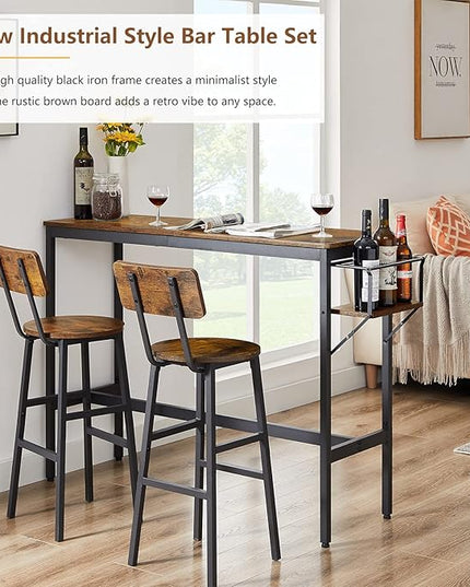 Bar Table and 2 Chairs Set, Industrial Style 3 Pieces Pub Dining Table Set with Collapsible Bottle Holder, 2 Bar Stools with Backrest for Kitchen, Apartment, Small Space - LeafyLoom