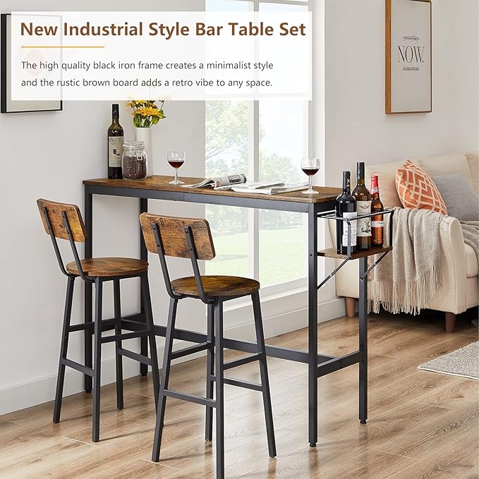 Bar Table and 2 Chairs Set, Industrial Style 3 Pieces Pub Dining Table Set with Collapsible Bottle Holder, 2 Bar Stools with Backrest for Kitchen, Apartment, Small Space - LeafyLoom