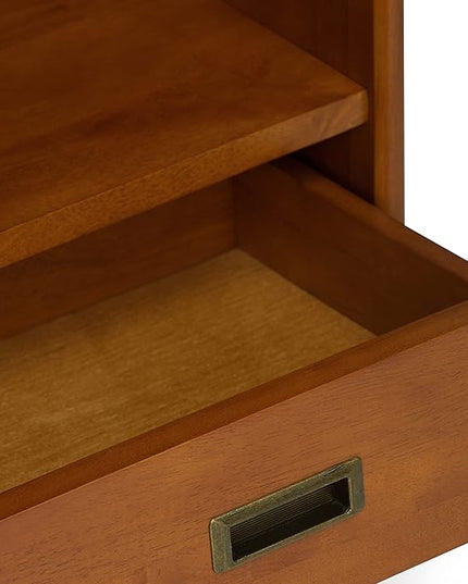 SIMPLIHOME Draper SOLID HARDWOOD 35 Inch Mid Century Modern Wide Bookcase and Storage Unit in Teak Brown, For the Living Room, Study Room and Office - LeafyLoom
