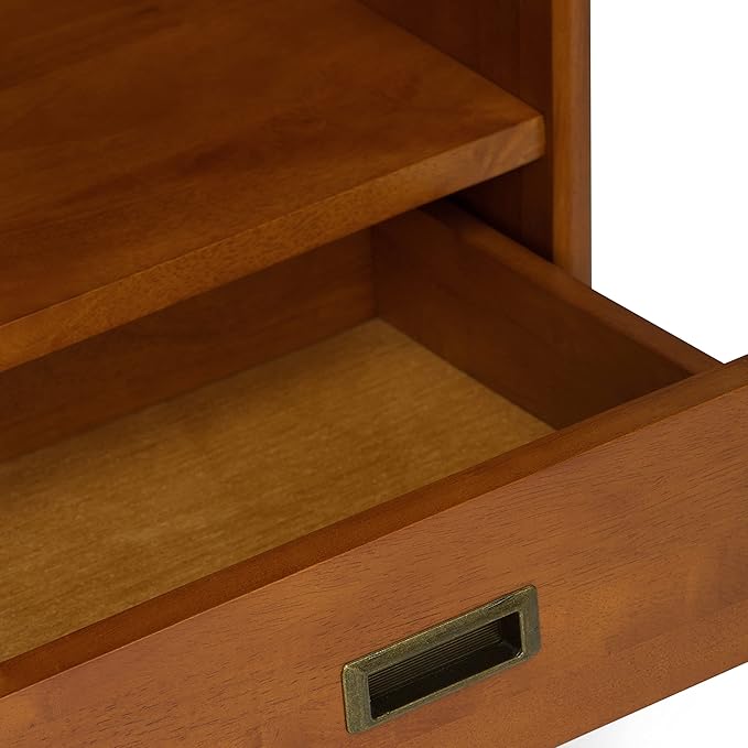 SIMPLIHOME Draper SOLID HARDWOOD 35 Inch Mid Century Modern Wide Bookcase and Storage Unit in Teak Brown, For the Living Room, Study Room and Office - LeafyLoom