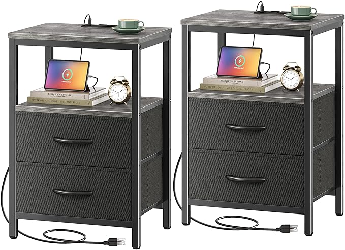 Nightstands Set of 2, End Tables with Charging Station, Side Tables with Fabric Drawers, Bedside Tables with USB Ports and Outlets, Night Stands for Bedroom, Charcoal Gray - LeafyLoom