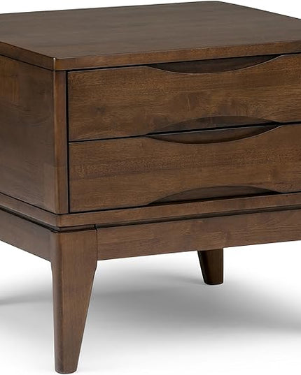 SIMPLIHOME Harper Solid Hardwood 22 inch wide Square Mid Century Modern End Side Table in Walnut Brown with Storage, 2 Drawers, for the Living Room and Bedroom - LeafyLoom