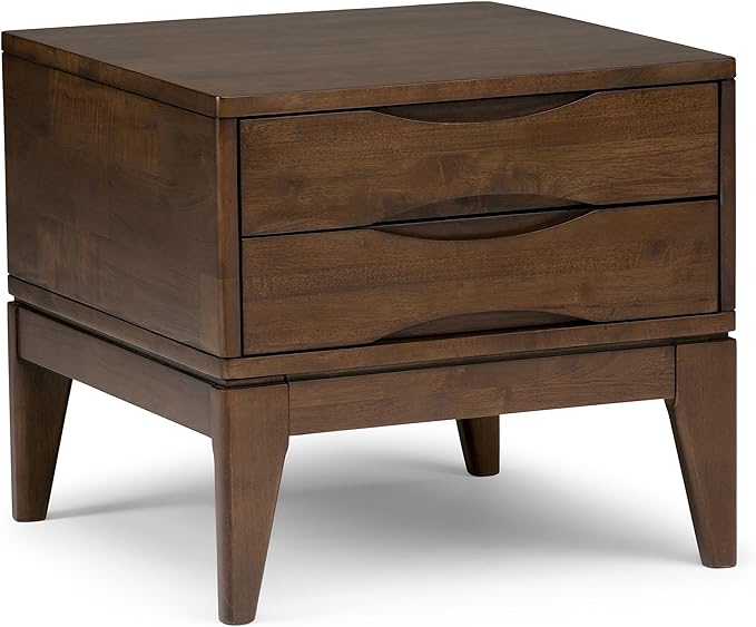 SIMPLIHOME Harper Solid Hardwood 22 inch wide Square Mid Century Modern End Side Table in Walnut Brown with Storage, 2 Drawers, for the Living Room and Bedroom - LeafyLoom