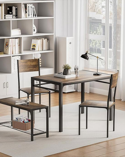 Kitchen Table and 2 Chairs for 4 with Bench, 4 Piece Dining Sets for Small Space, Rustic Brown - LeafyLoom
