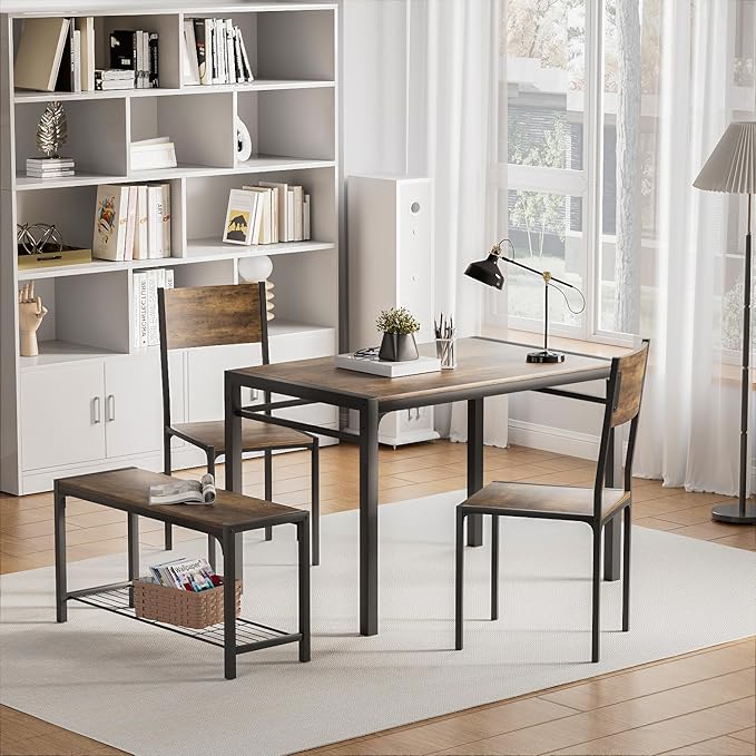 Kitchen Table and 2 Chairs for 4 with Bench, 4 Piece Dining Sets for Small Space, Rustic Brown - LeafyLoom